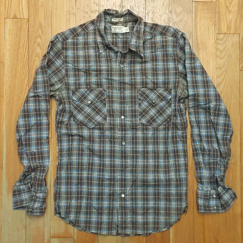 Vintage American Eagle Western Shirt Pearl Snaps Brown Blue Red Men's Small